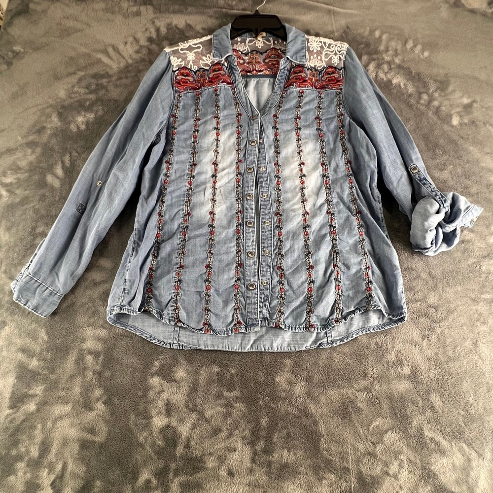 Vintage REBA Nashville Country Western Embroidered Lace Mesh Tencel Shirt Large